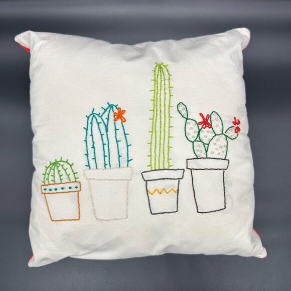 Throw Pillow Handmade Cactus Red Velvet Back Embroidered Square Decorative - Picture 2 of 9